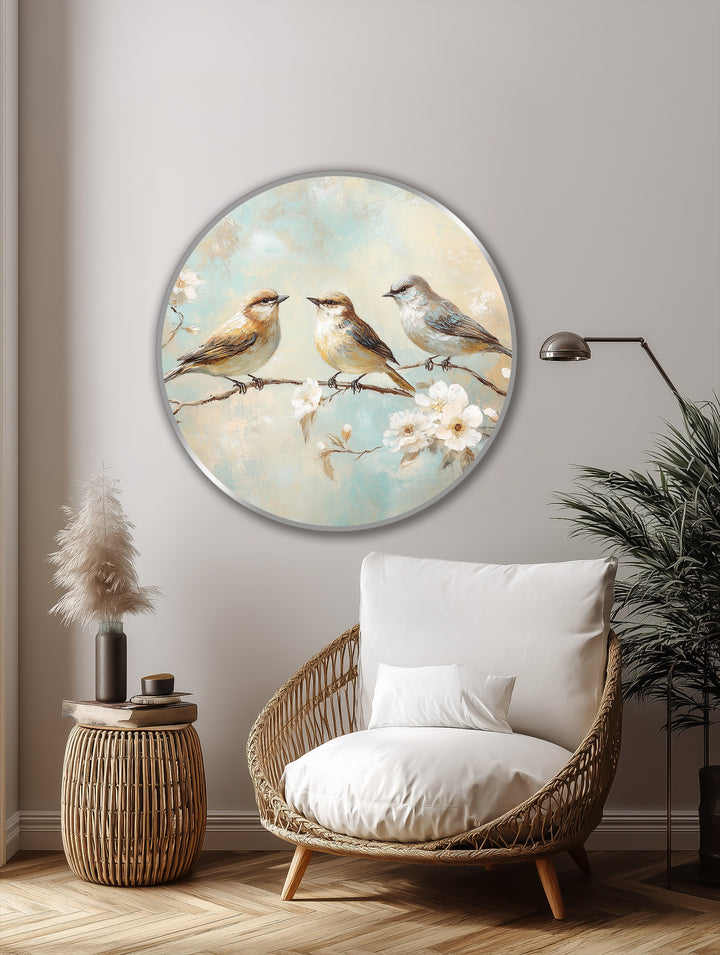 Delicate strokes capture the fleeting grace as three songbirds perch amidst whispering blossoms, bringing a sense of life to this oil painting reproduction print.