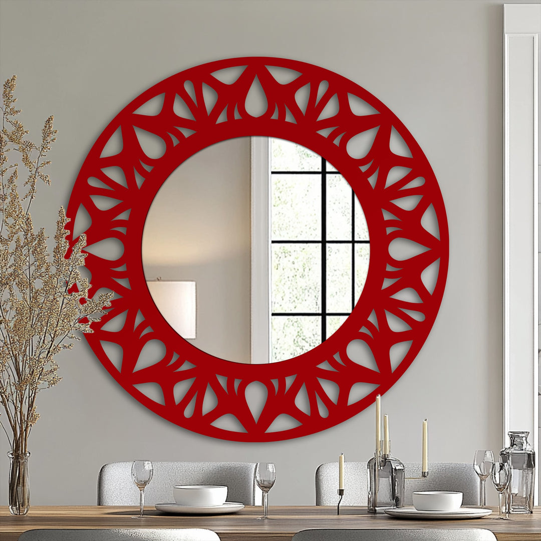 Reflecting the transition of interior colors, this floral cutout round mirror for wall decor showcases a modern design with a red frame, adding style to any space.