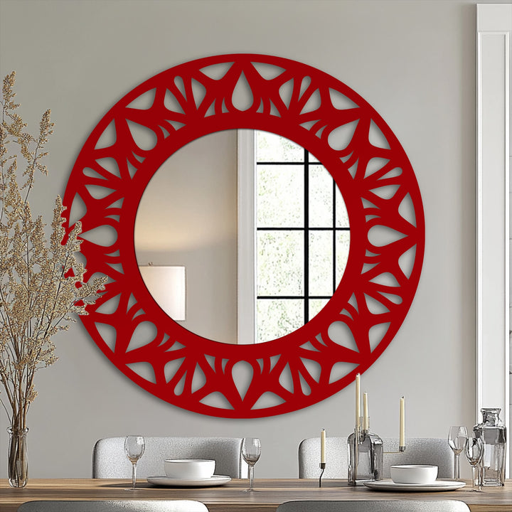Reflecting the transition of interior colors, this floral cutout round mirror for wall decor showcases a modern design with a red frame, adding style to any space.