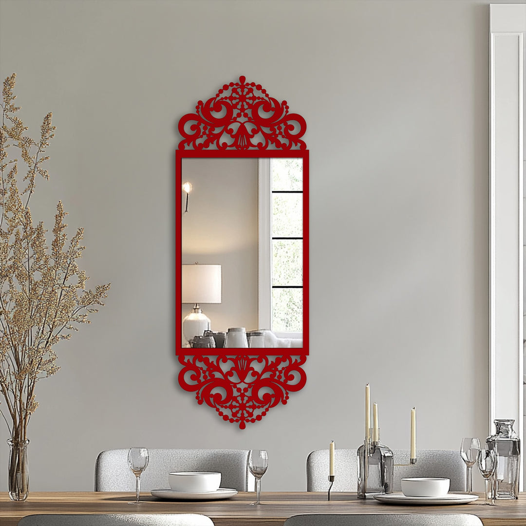 Vertically oriented, rectangular stained glass wall mirror features an ornate baroque frame with scrolling details at the top and bottom.