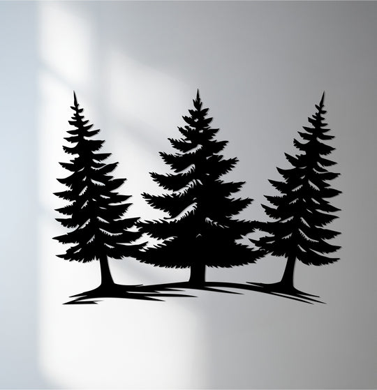 Minimal color saturation showcases a stark contrast in this pine forest unique metal wall art, emphasizing the evergreen serenity of the silhouetted trees.