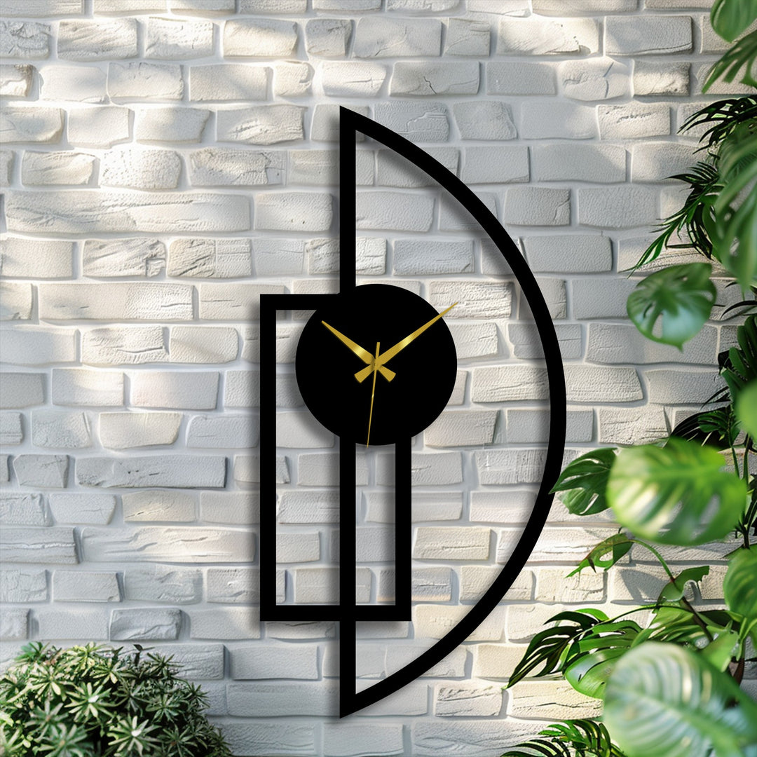 Foreground greenery frames a minimalist half-moon metal wall clock, adding a touch of nature to its unique metal wall art geometric design.