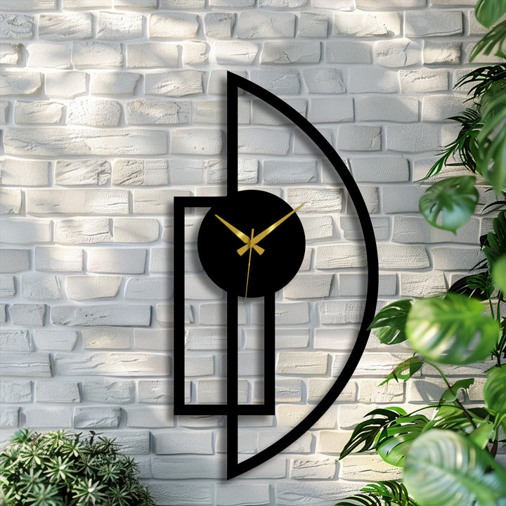 Foreground greenery frames a minimalist half-moon metal wall clock, adding a touch of nature to its unique metal wall art geometric design.
