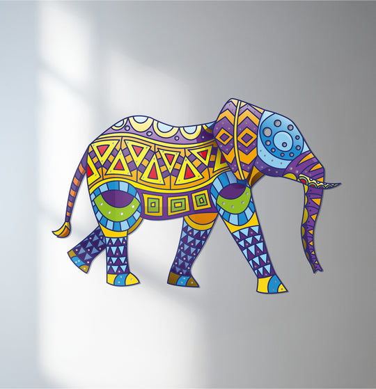 Featuring vibrant yellows and purples, this tribal elephant decoration wall art delivers a bohemian, animal-inspired charm in this metal wall art piece.