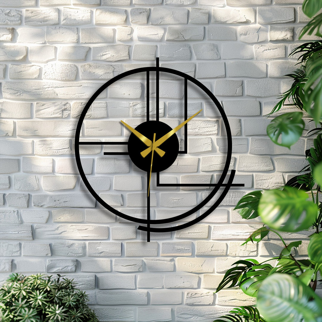 Negative space defines the circular and linear decorative metal art of this abstract wall clock, creating a visually striking, contemporary timepiece.