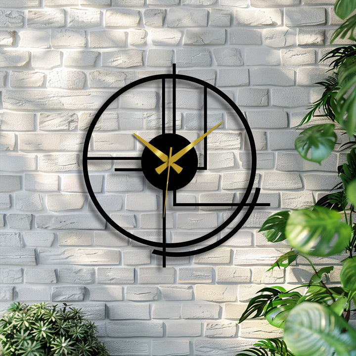 Negative space defines the circular and linear decorative metal art of this abstract wall clock, creating a visually striking, contemporary timepiece.