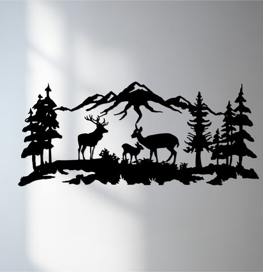 Depicting a wilderness scene, the focal point shows a deer family in this nature-inspired mountain scene metal wall decor, ideal for rustic home decoration.