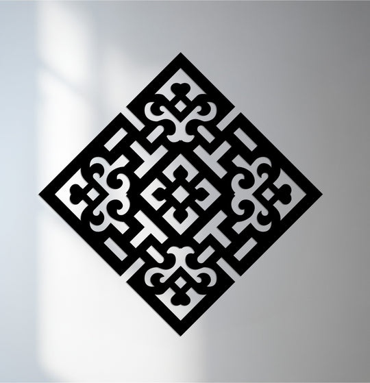 Featuring unique metal wall art with geometric elements, this diamond-shaped piece showcases intricate, symmetrical cutouts, adding a modern touch.