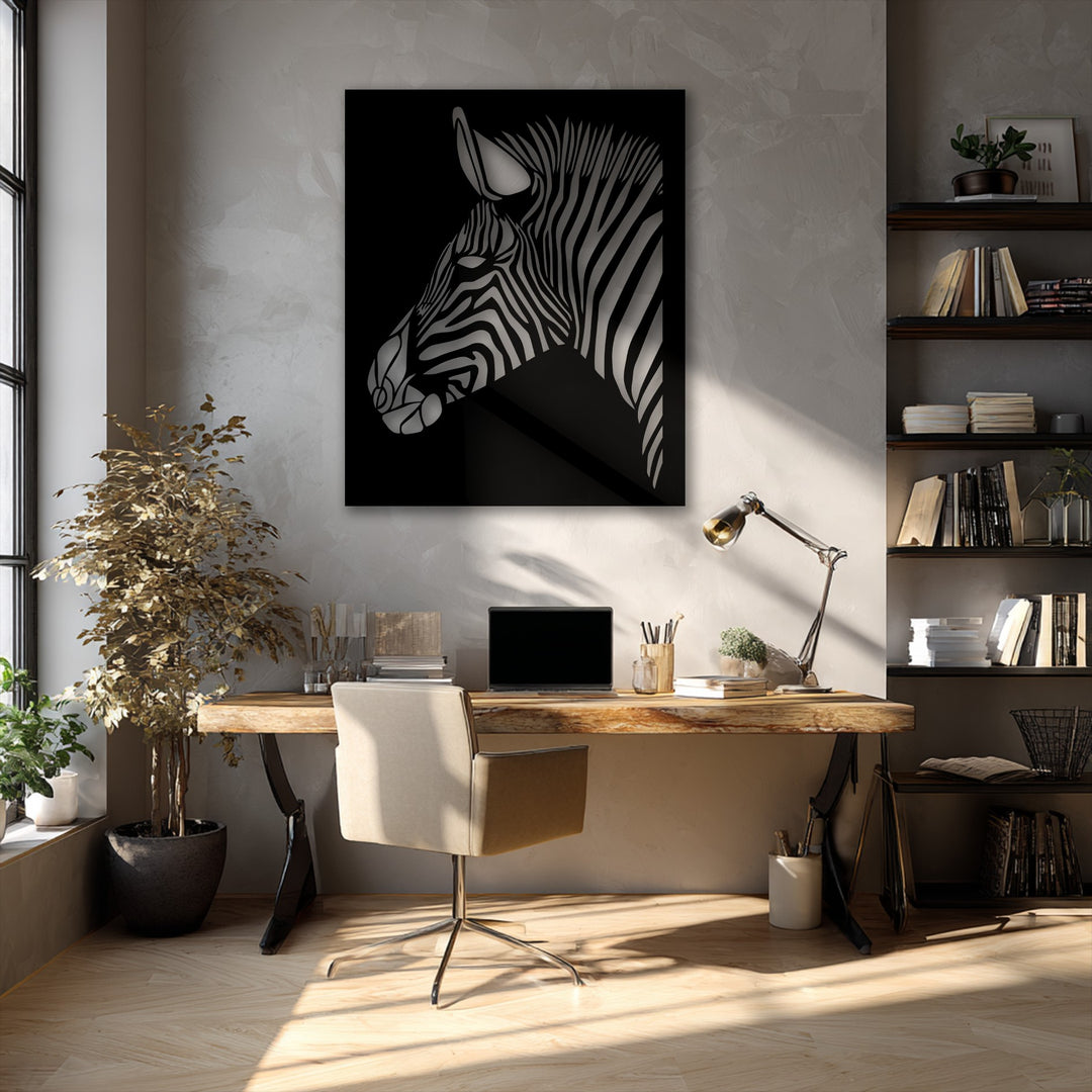 The distinct geometric stripes of a modern zebra artwork create a striking decorative metal art piece.