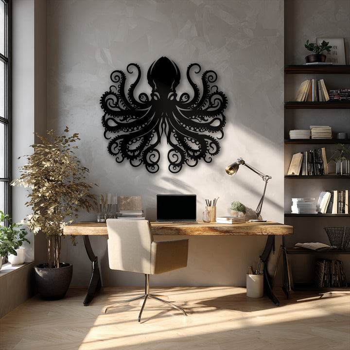 A warm color temperature from sunlight illuminates the intricate Octopus Tentacle Metal decoration wall art above a wooden desk.