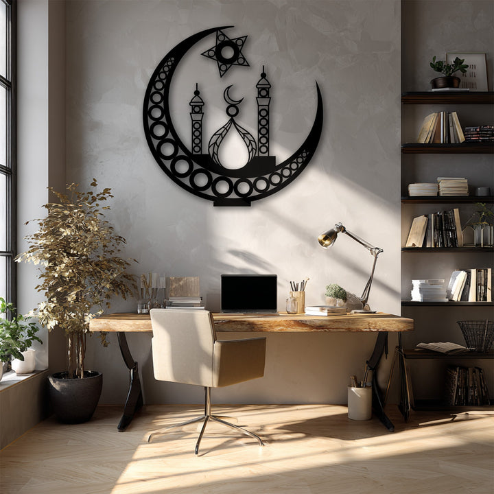 The realistic detail of the intricate black Islamic crescent moon mosque decorative metal art, featuring elegant minarets and geometric patterns, is striking.