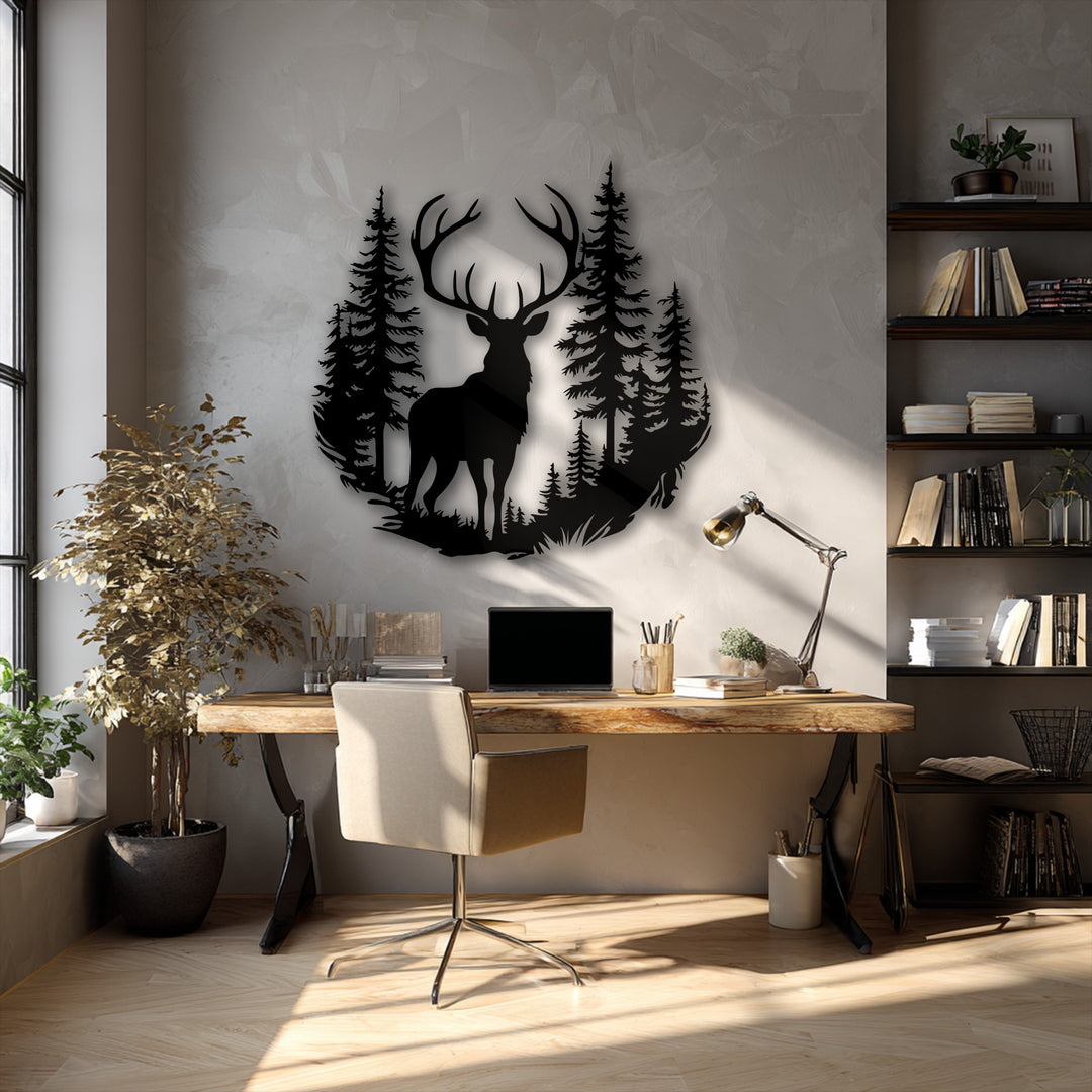 The interplay of natural light and deep shadows dramatically accentuates the majestic deer forest metal art for wall, creating depth.