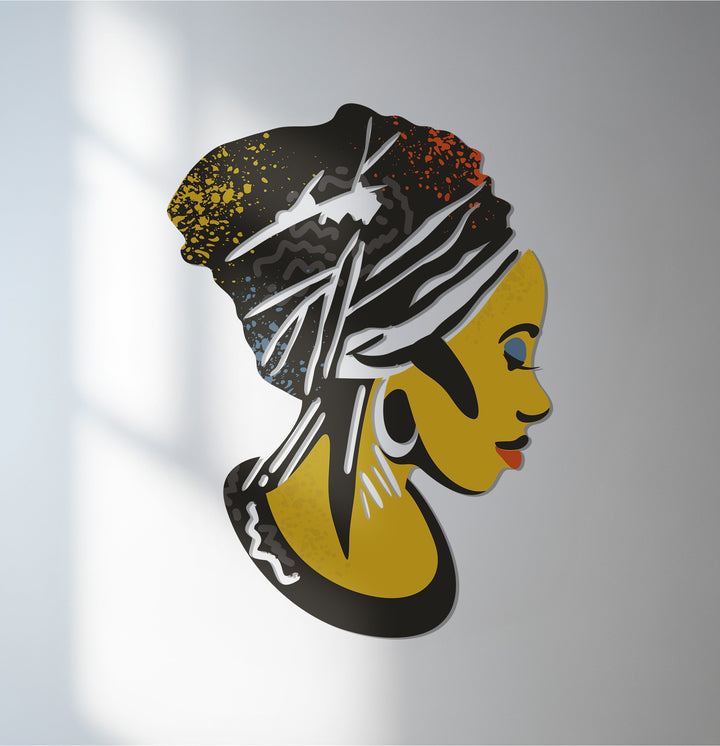 African woman silhouette metal wall art with colorful headwrap