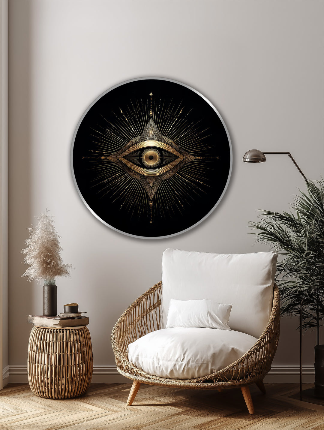 Black is the dominant color in this round, geometric 'Radiant Sacred Eye' oil painting art prints, featuring intricate gold details and emanating rays.