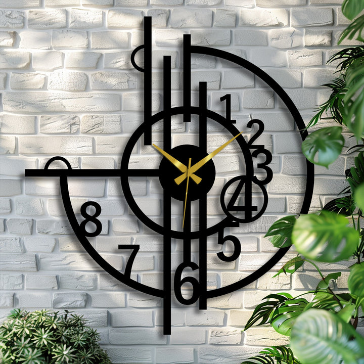 The clock's smooth finish enhances this abstract geometric metal art for wall clock, creating a sleek modern decorative piece featuring artistic numbers.