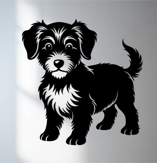 Black defines this playful puppy silhouette, a charming example of metal art for wall, creating a striking contrast and playful visual appeal.