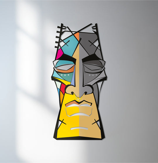 Exhibiting the abstract quality, the colorful geometric shapes form a modern tribal face in this stunning metal decoration wall art piece.