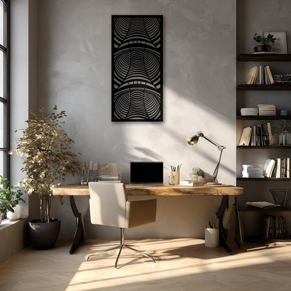 Neutral toned office features a striking piece of unique metal wall art with an architectural arch illusion design.
