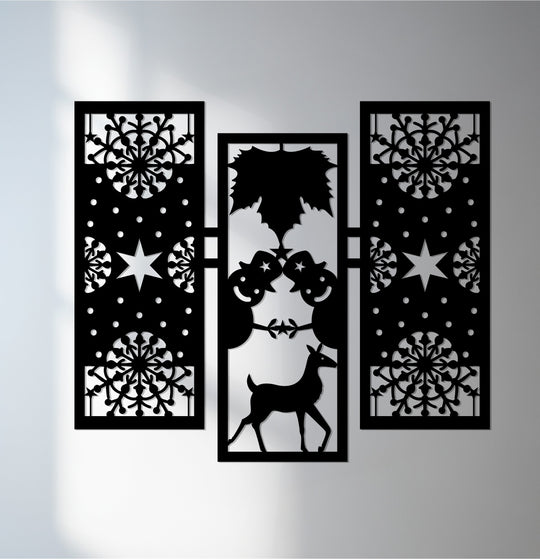 Evoking the abstract quality, this laser-cut winter joy scene presents a striking silhouette, a unique metal wall art showcasing Christmas motifs of reindeer and snowflakes.