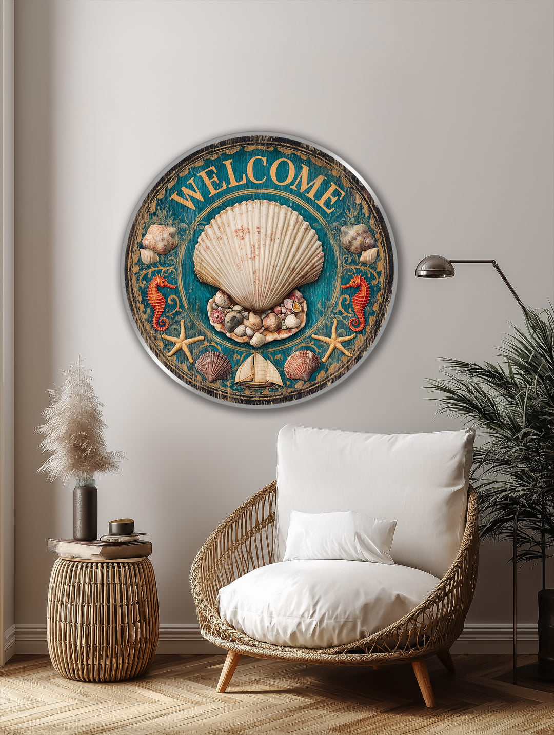 Welcoming and nostalgic, this vintage-style coastal scene is brought to life with a charming oil painting reproduction print of a 'Coastal Welcome Shell'.