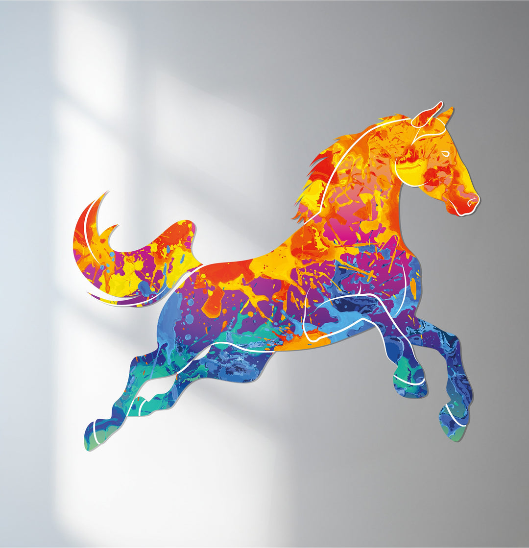 Galloping horse metal wall art with colorful abstract paint splash design