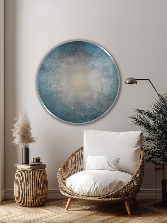 Darkest area of this radiant horizon shows a deep teal oil painting reproduction print, with a burst of color emanating from its center in a sunburst design.