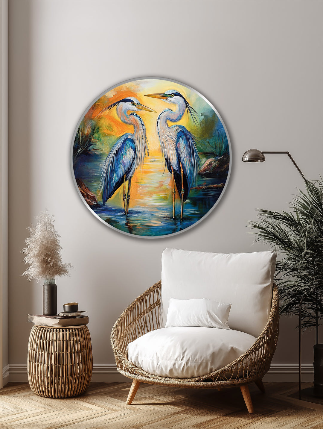 Warm color temperature radiates from the sunset reflections, highlighting the graceful herons in this circular oil painting wall art.