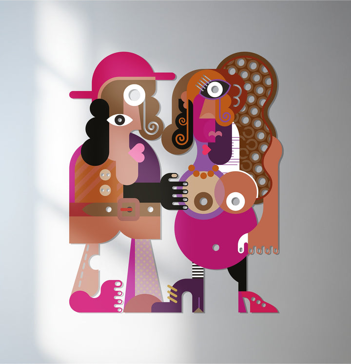 Abstract couple metal wall art in colorful modern cubist design