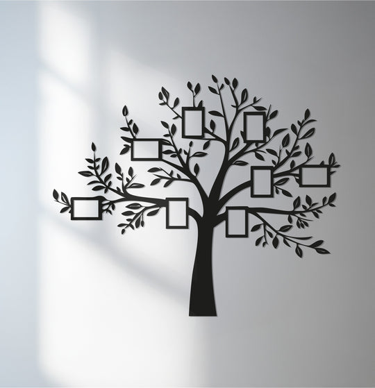 Evoking warmth and nostalgia, the unique metal wall art features a family tree design with photo frames, casting a comforting, sentimental mood with its shadowed presence.