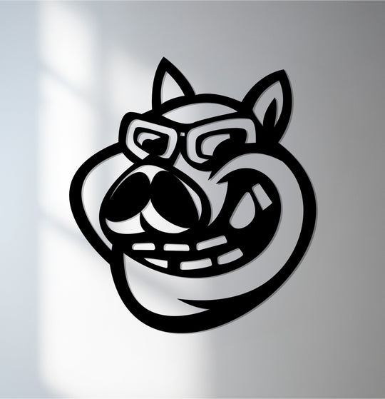 Subtle light and shadow accentuate the layered design of this cool pup with glasses, a funny metal wall decor piece creating depth on the wall.