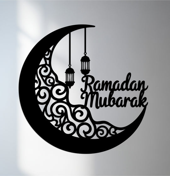 Serene Ramadan Mubarak decoration wall art conveys the peaceful mood with a crescent moon and lanterns, ideal for adding a spiritual touch to any room.