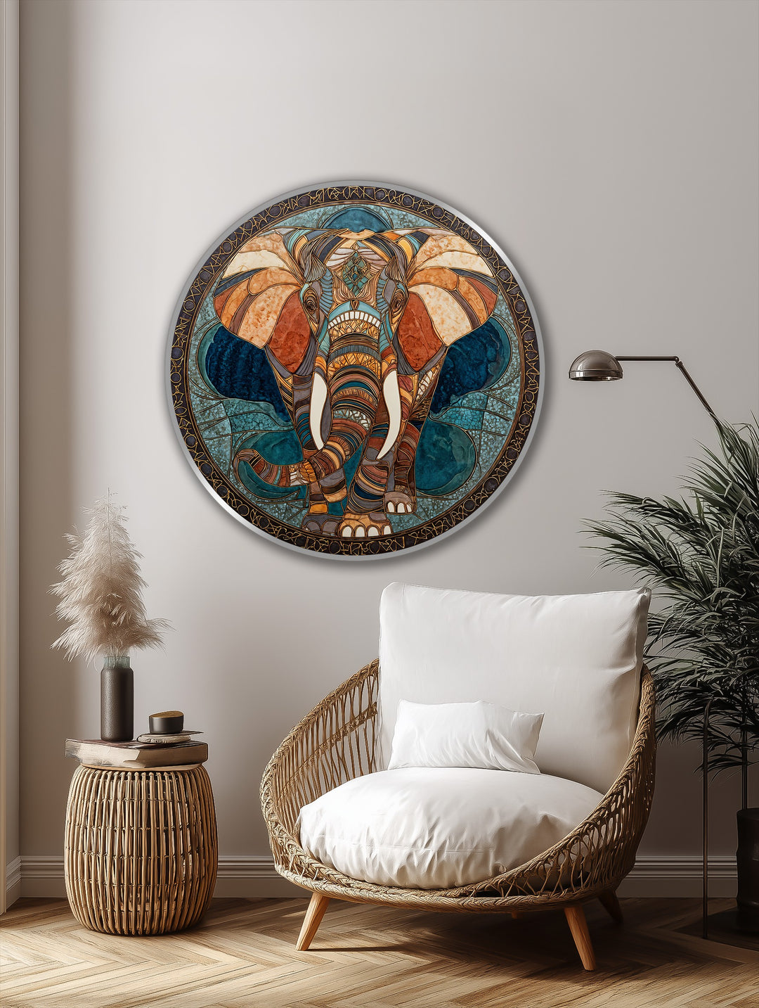 Mosaico Sagrado Majestuoso – Elefante Geométrico Redondo Cuadro al óleo