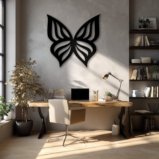 Highlighting the striking black butterfly metal artwork, the wall exhibits a smooth transition from sunlit brightness to soft gray shadows.