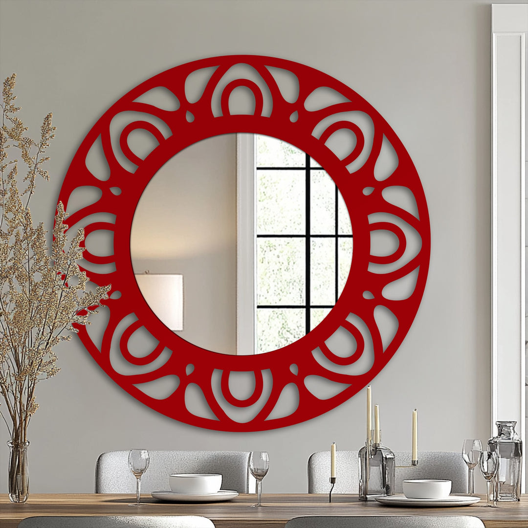 Red is the dominant color of this modern pattern ring floor mirror, a statement piece of mirror for wall decor that enhances any room.