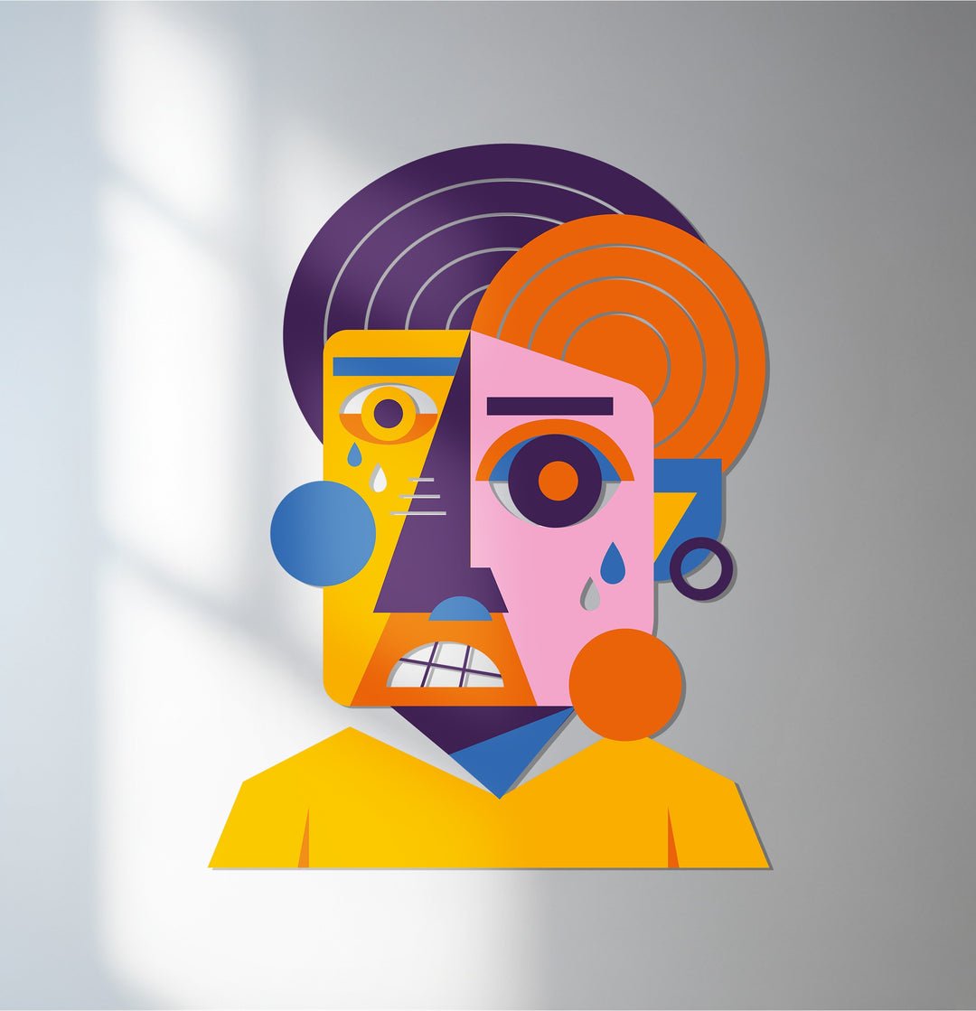 Colorful abstract face metal wall art in cubist modern design