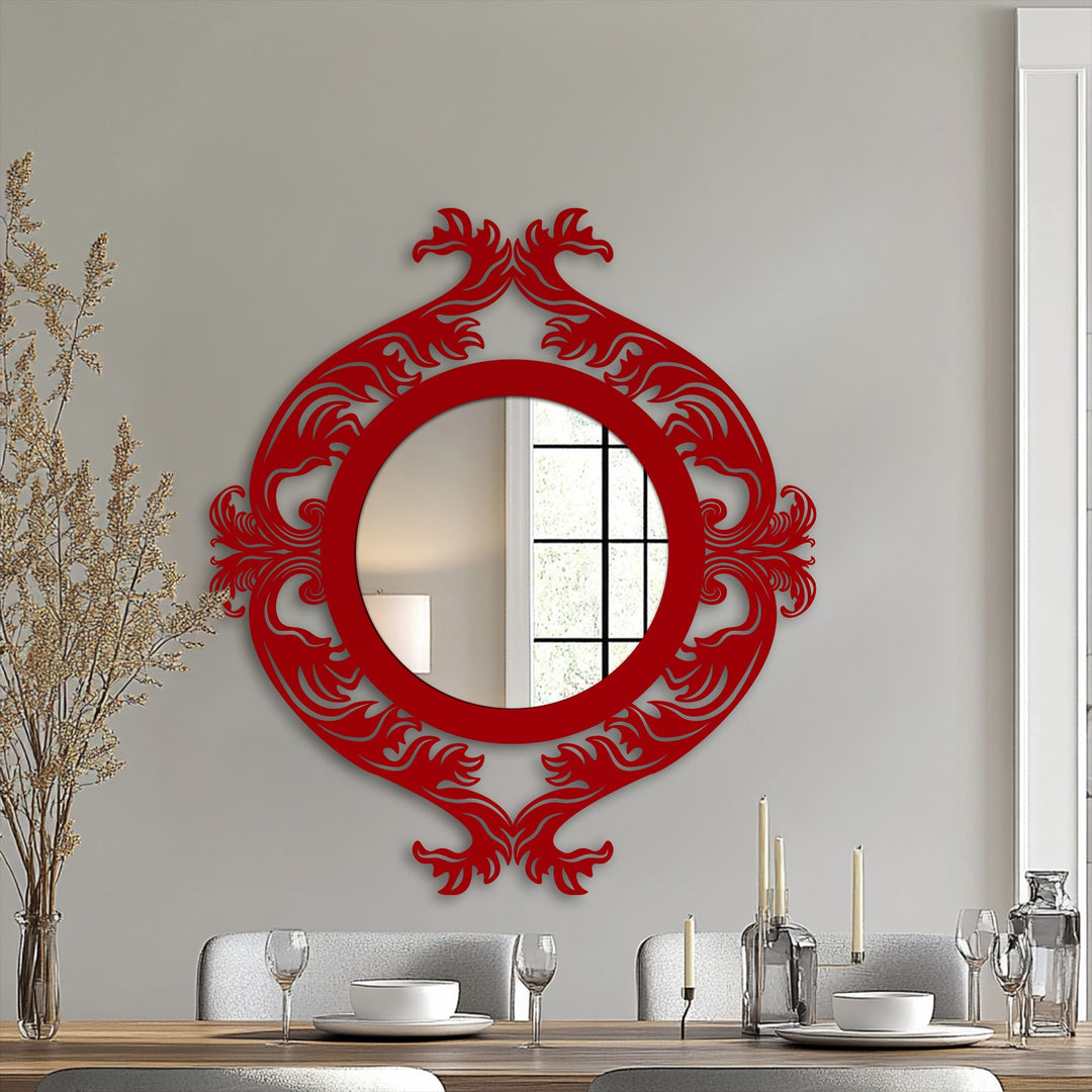 Negative space accentuates the elaborate, laser-cut detailing of this ornate dual dragon mythical statement decorative mirror, highlighting the round design and bold artistic expression.