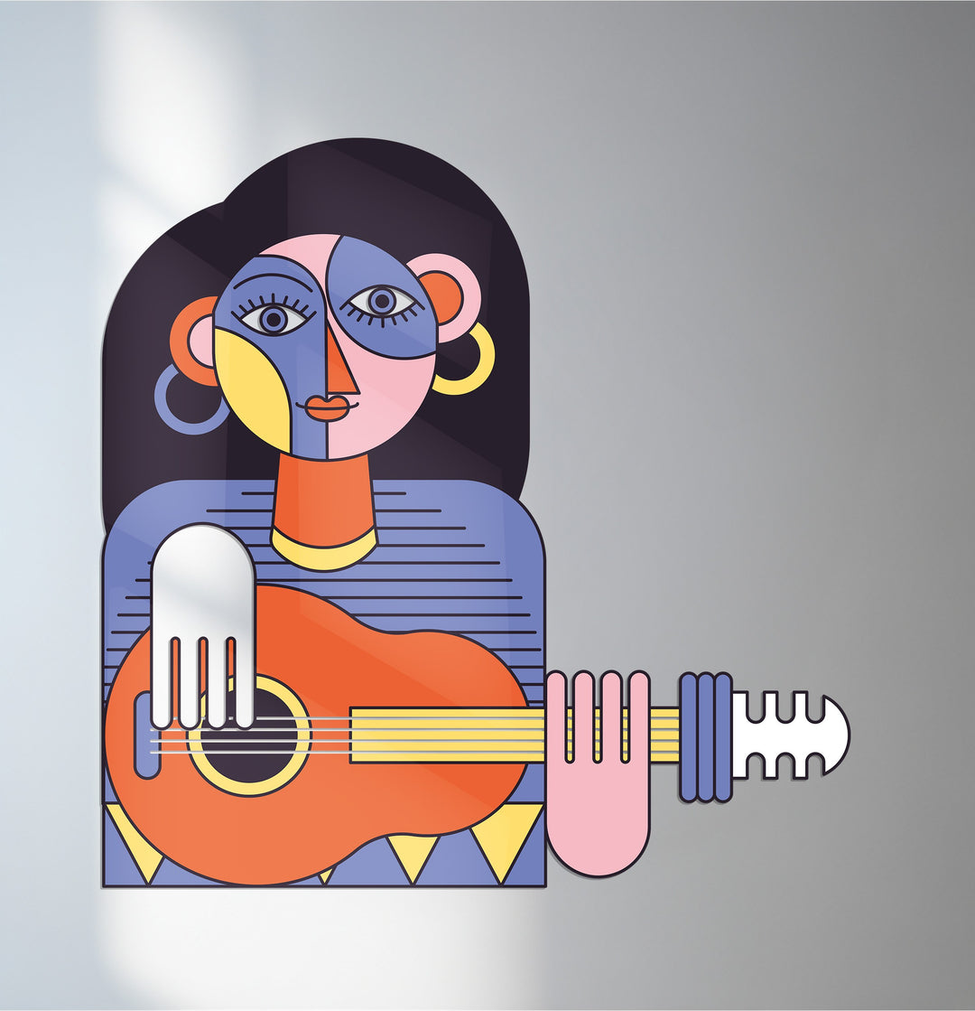 Cubist woman with guitar metal wall art in vibrant colors