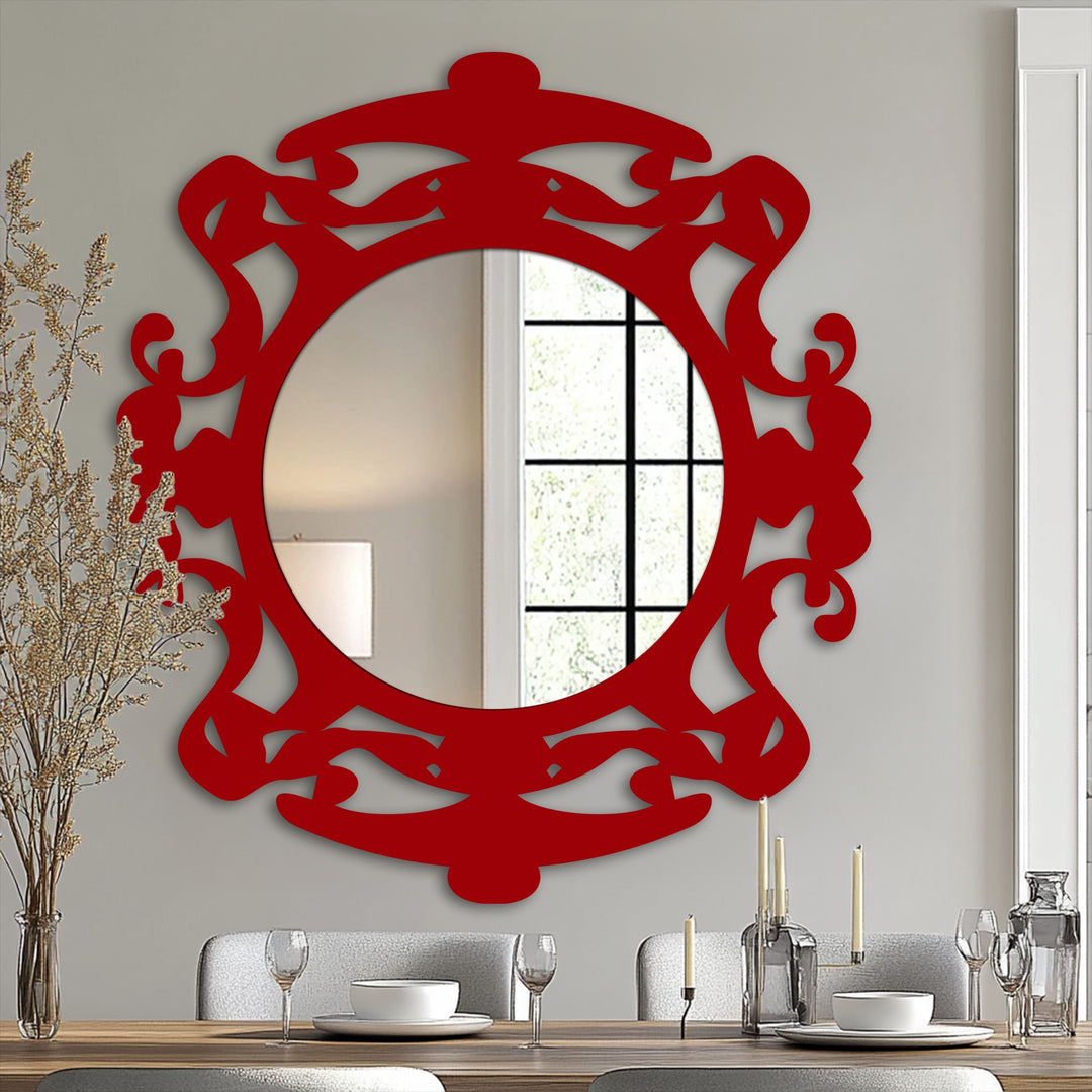 The red finish of this ornate round bathroom mirror gives it a bold, dramatic appeal that enhances its function as stylish decoration wall art.