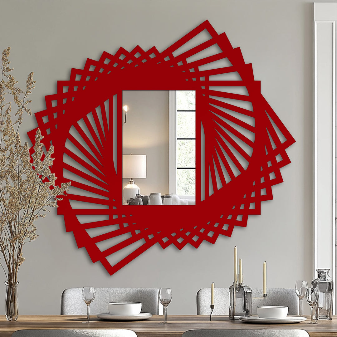 The geometric metal wall decor creates bold light and shadow patterns within this spiral fan mirror's unique rotating frame design.