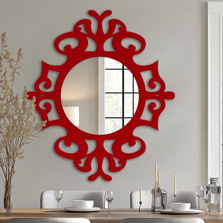 Negative space highlights the ornate flourishes of this round floor mirror, a piece of metal wall decor, showcasing the craftsmanship of its silhouette.