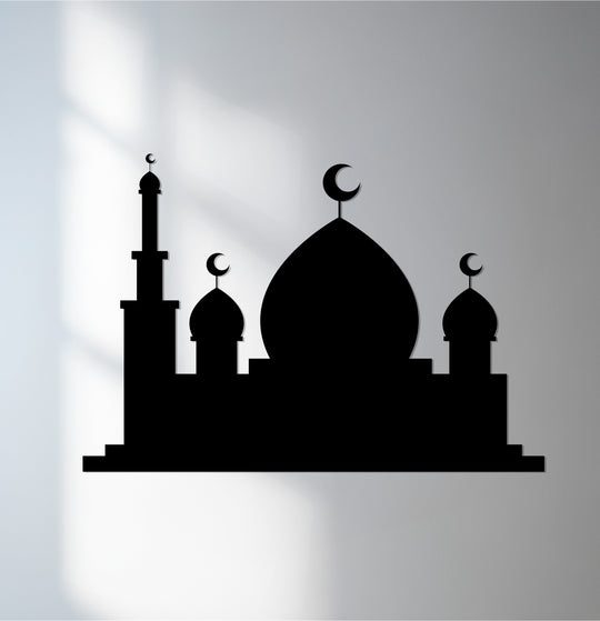Cool color temperature and light shadows highlight the sacred crescent mosque Islamic silhouette within this piece of unique metal wall art.