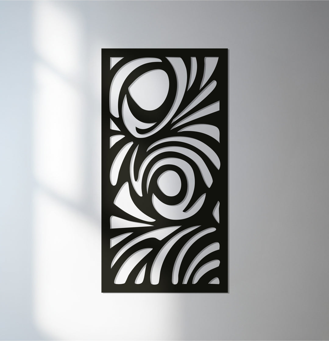 Abstract swirl metal wall art in modern black panel design