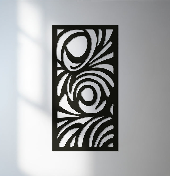 Abstract swirl metal wall art in modern black panel design