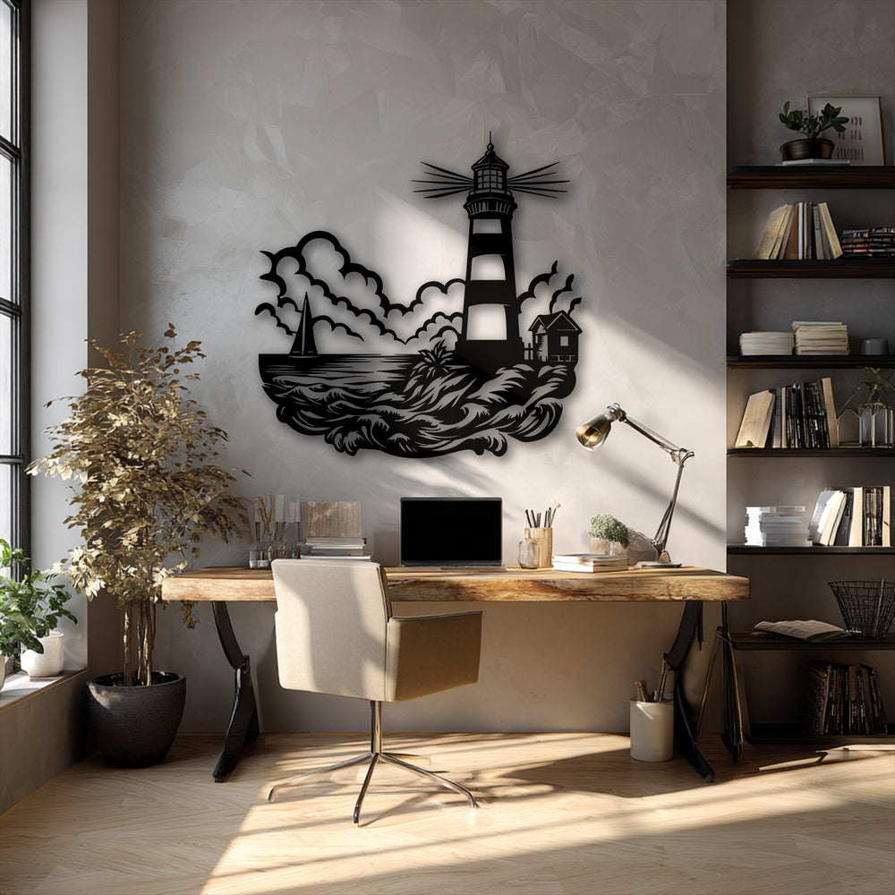 The prominent unique metal wall art features a dramatic black silhouette of a guiding light lighthouse, sailboat, and crashing ocean waves.