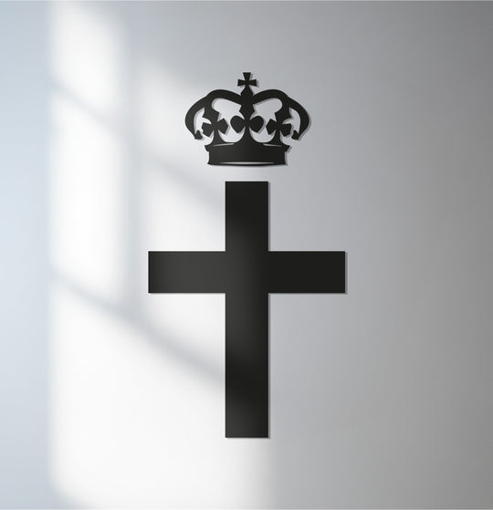 Black finish gives a modern edge to this cross with crown metal artwork, creating a striking contrast and enhancing its intricate religious wall sculpture design.