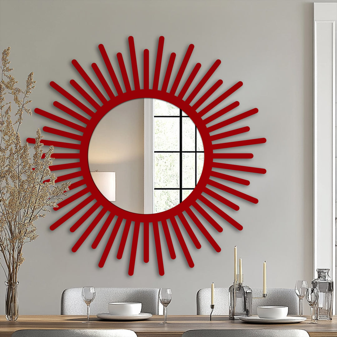 Reflected light in the sunburst round mirror for wall decor reveals a seamless transition between wall hues enhancing the frame's artistic value.