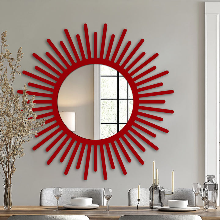 Reflected light in the sunburst round mirror for wall decor reveals a seamless transition between wall hues enhancing the frame's artistic value.