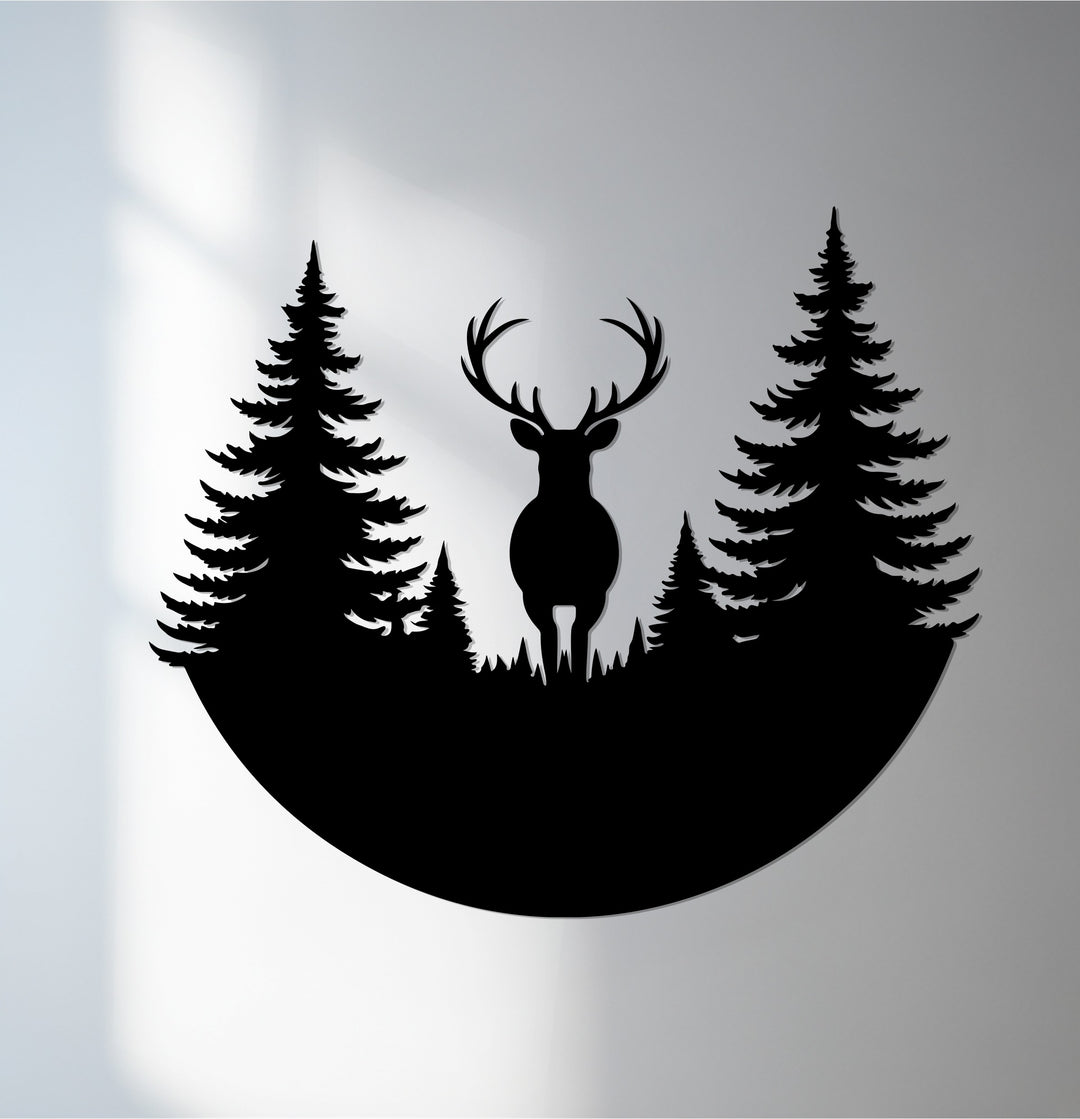 Deer metal wall art with pine forest background
