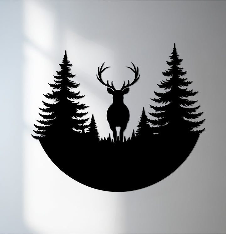Deer metal wall art with pine forest background
