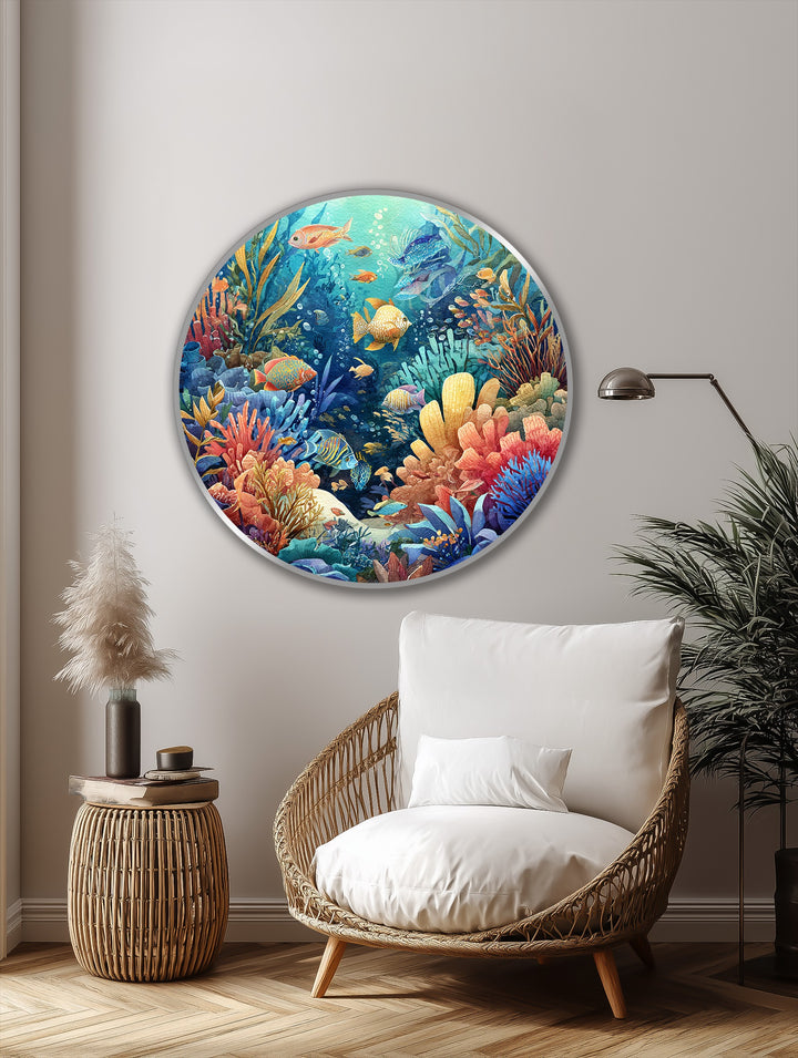 Highlighting the layering effect, this vibrant coral reef round oil painting creates depth with its array of tropical fish, corals, and modern oil painting art.